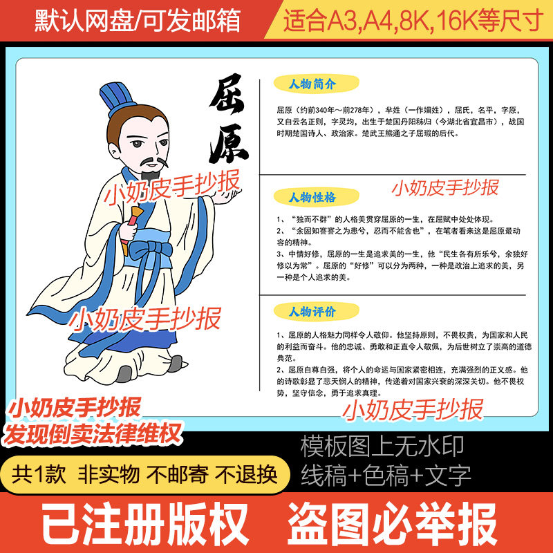 楚国灵均屈原人物卡手抄报电子版名人卡人物名片手卡黑白线稿涂色