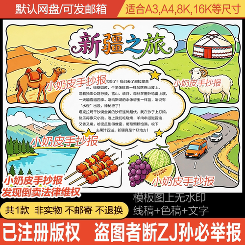 新疆旅游手抄报航拍中国新疆印象小报模版电子版研学小报黑线稿