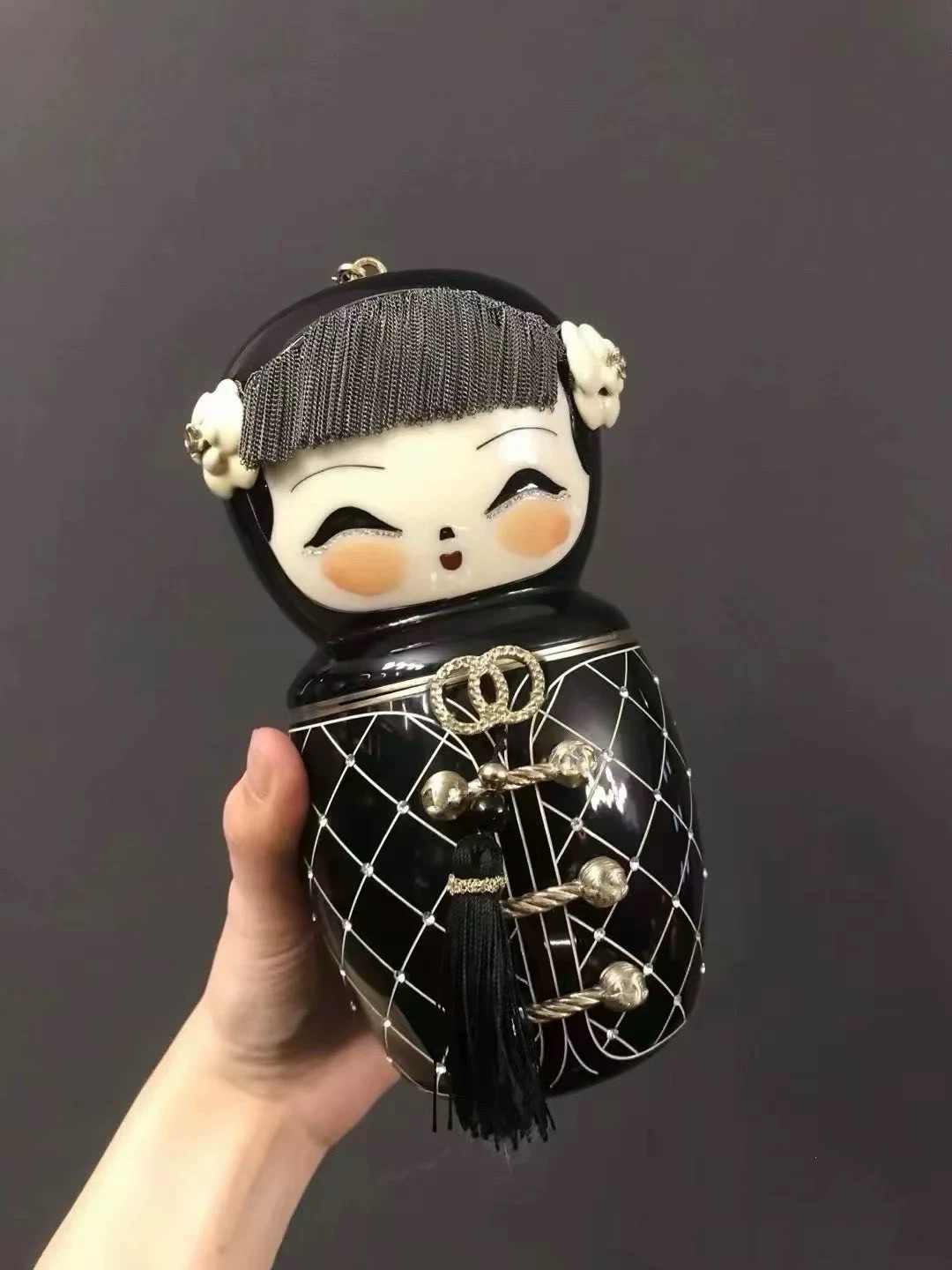 限量中国娃娃亚克力盒子包迷你山茶花金属流苏晚宴包小废女包