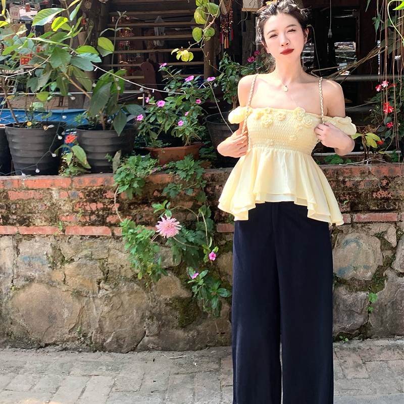 渔小平 一针一线 刺绣西装裤翻边高腰宽松显瘦慵懒风直筒阔腿裤女