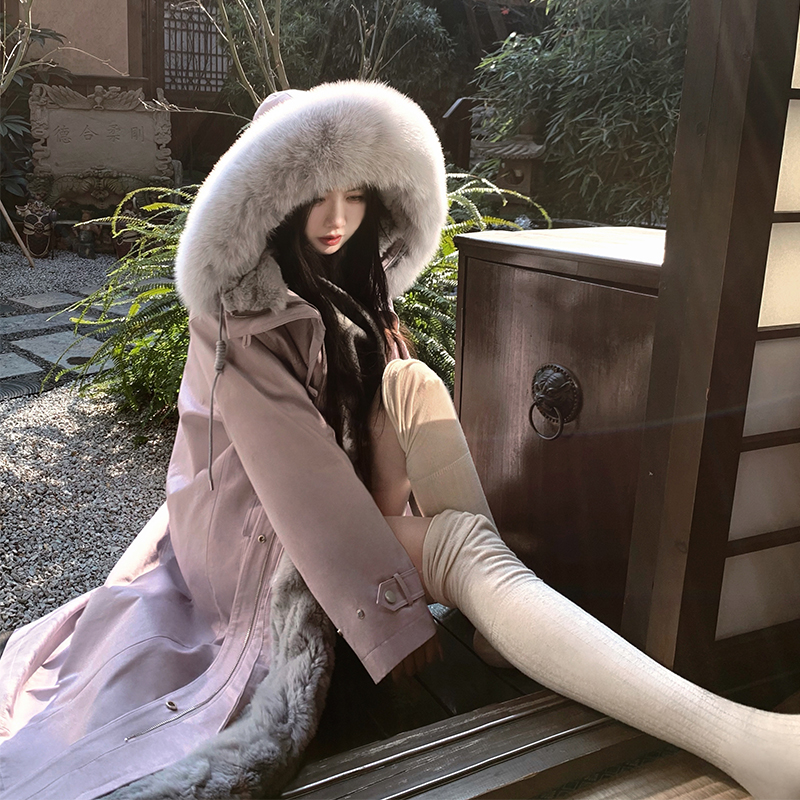 渔小平 可拆卸濑兔内胆狐狸毛领长款派克服女冬季工装保暖外套