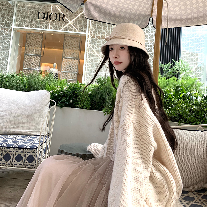 渔小平 暖甜茶 羊毛手打粗针毛衣开衫外套女秋冬宽松慵懒感上衣