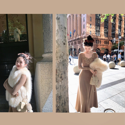 渔小平 折腰裙 蕾丝刺绣针织连衣裙冬天配大衣的裙子内搭打底裙