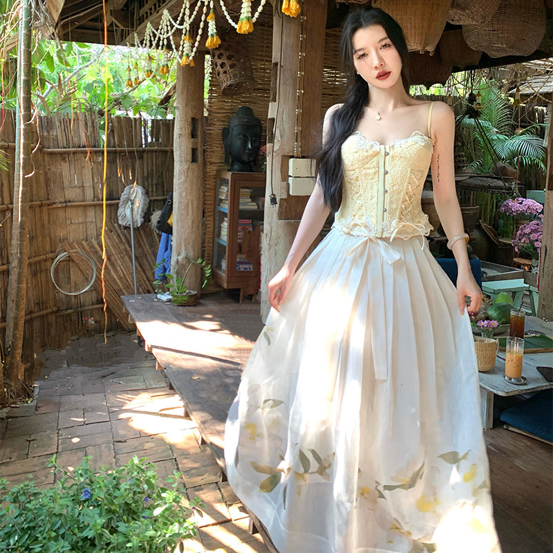 渔小平 黄风铃与粉荔枝 定位印花a字半身裙长款2025春季百褶裙,女装/女士精品,半身裙,淘宝优惠券,粉丝福利购,淘宝优惠卷