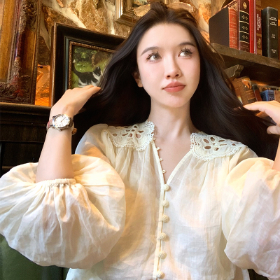 渔小平 白月光  苎麻刺绣衬衫女独特超好看洋气法式减龄&连衣裙