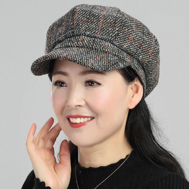 中老年人妈妈款帽子女春秋冬款画家帽韩版休闲百搭格子八角帽时尚