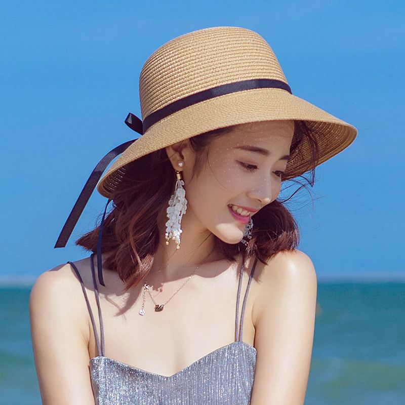 新款草帽女夏防晒遮阳帽海边沙滩帽时尚百搭太阳帽可折叠度假出游