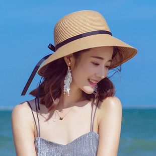 新款 百搭太陽帽可折疊度假出游 草帽女夏防曬遮陽帽海邊沙灘帽時尚