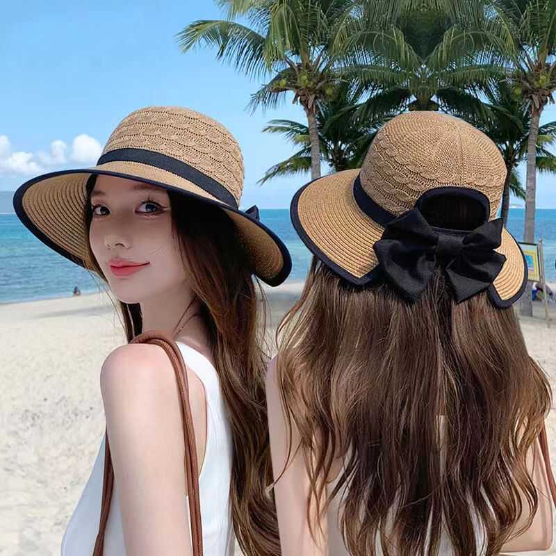 夏季遮阳帽子女沙滩户外出游防晒太阳帽时尚蝴蝶结马尾孔出游草帽