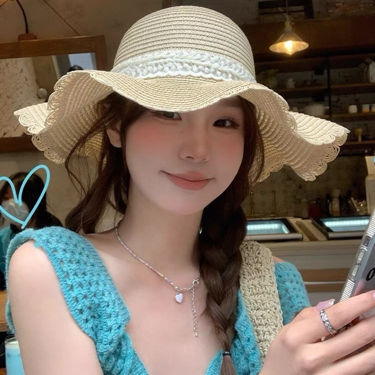休闲帽子女2025款海边度假编织草帽夏天波浪边遮阳帽旅行防晒帽潮