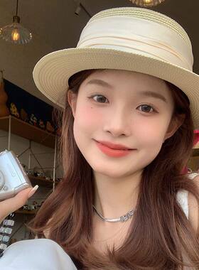 休闲帽子女春秋季时尚百搭遮阳草帽户外防晒平顶旅行海边沙滩帽夏