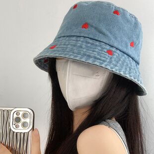 红心刺绣牛仔渔夫帽女原宿复古港风盆帽网红韩版春夏遮阳帽水桶帽