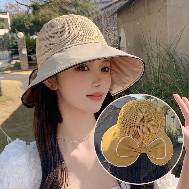 黑胶渔夫帽女新款时尚小檐蝴蝶结夏天遮脸防晒防紫外线网红太阳帽