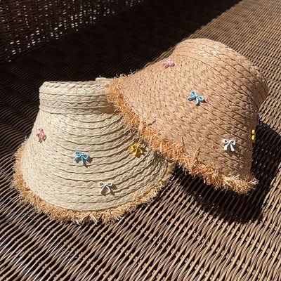 可扎马尾草编空顶帽女夏季沙滩