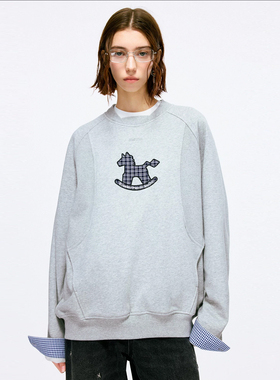 BONELESS假两件拼接罗纹格子小马贴布绣套头卫衣宽松百搭情侣上衣