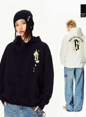 BONELESS基础哥特B香水百合印绣连帽卫衣秋季宽松重磅情侣帽衫潮