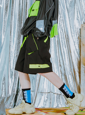 FLAM副线潮牌嘻哈街舞国潮FYP复古织带透气立体口袋五分裤短裤