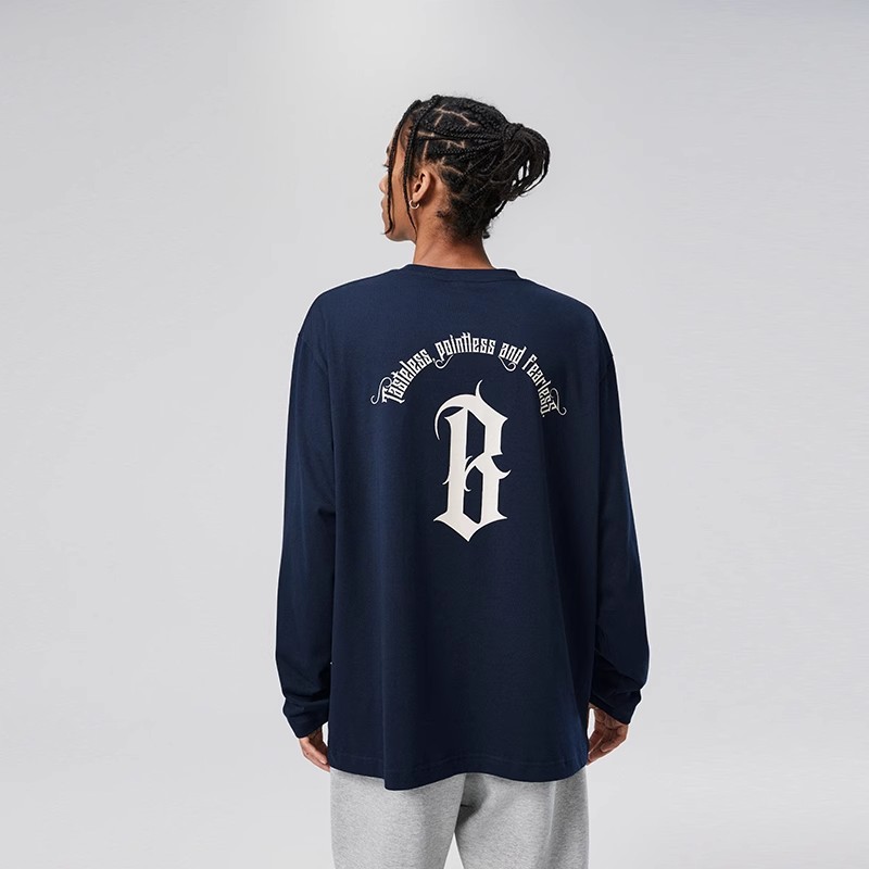 BONELESS圆弧后背基础字体logo印花长袖T恤美式高街针织打底衫