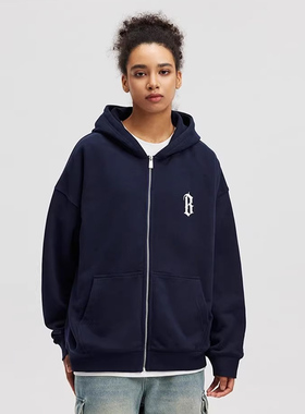 BONELESS圆弧哥特logo印花开衫连帽卫衣高街宽松休闲基础情侣外套