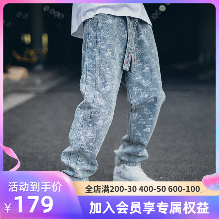 PRBLMS潮牌满印牛仔裤嘻哈国潮宽松长裤街头重工水洗做旧裤子男女在类目 男装, 牛仔裤中 - 来自Buy2taobao.com提供专业的淘宝代购服务