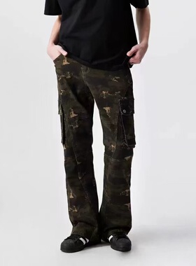 新因素美式复古炮弹迷彩工装牛仔裤宽松修身男款伐木高街微喇裤子