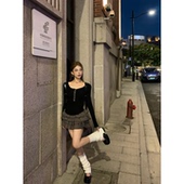 ROSE 修身 长袖 CAFE 格纹拼接连衣裙女冬装 新款 显瘦内搭短款 蛋糕裙