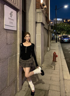 CAFE ROSE 长袖格纹拼接连衣裙女冬装新款修身显瘦内搭短款蛋糕裙