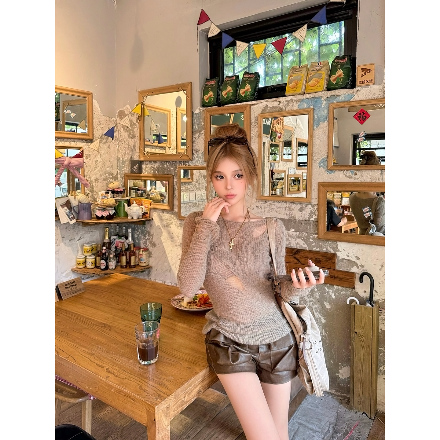 CAFE ROSE 破洞毛衣女秋冬新款宽松百搭圆领套头针织衫设计感上衣