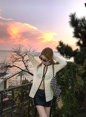 CAFE ROSE 长袖镂空羊毛针织开衫女秋冬新款撞色修身显瘦毛衣外套