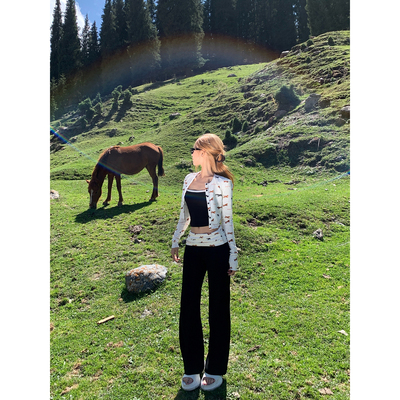 CAFE ROSE 时尚套装女秋冬新款修身显瘦小狗印花外套吊带短裤长裤