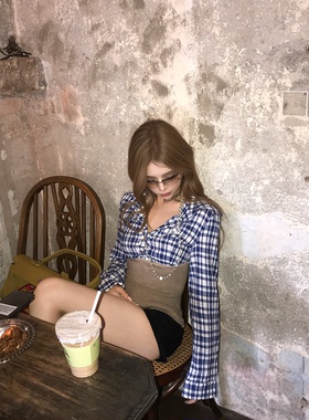 CAFE ROSE 长袖假两件抹胸拼接格纹衬衫女秋冬新款修身显瘦衬衣潮