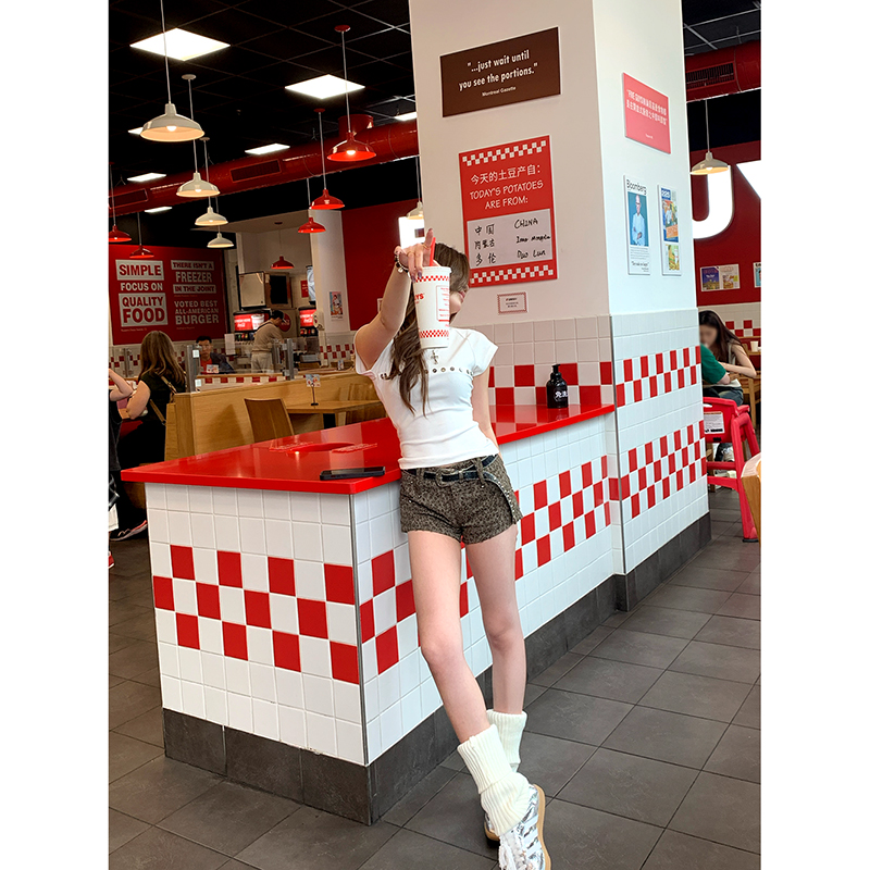 CAFE ROSE 豹纹牛仔短裤女夏季新款修身显瘦百搭热裤水洗做旧裤子