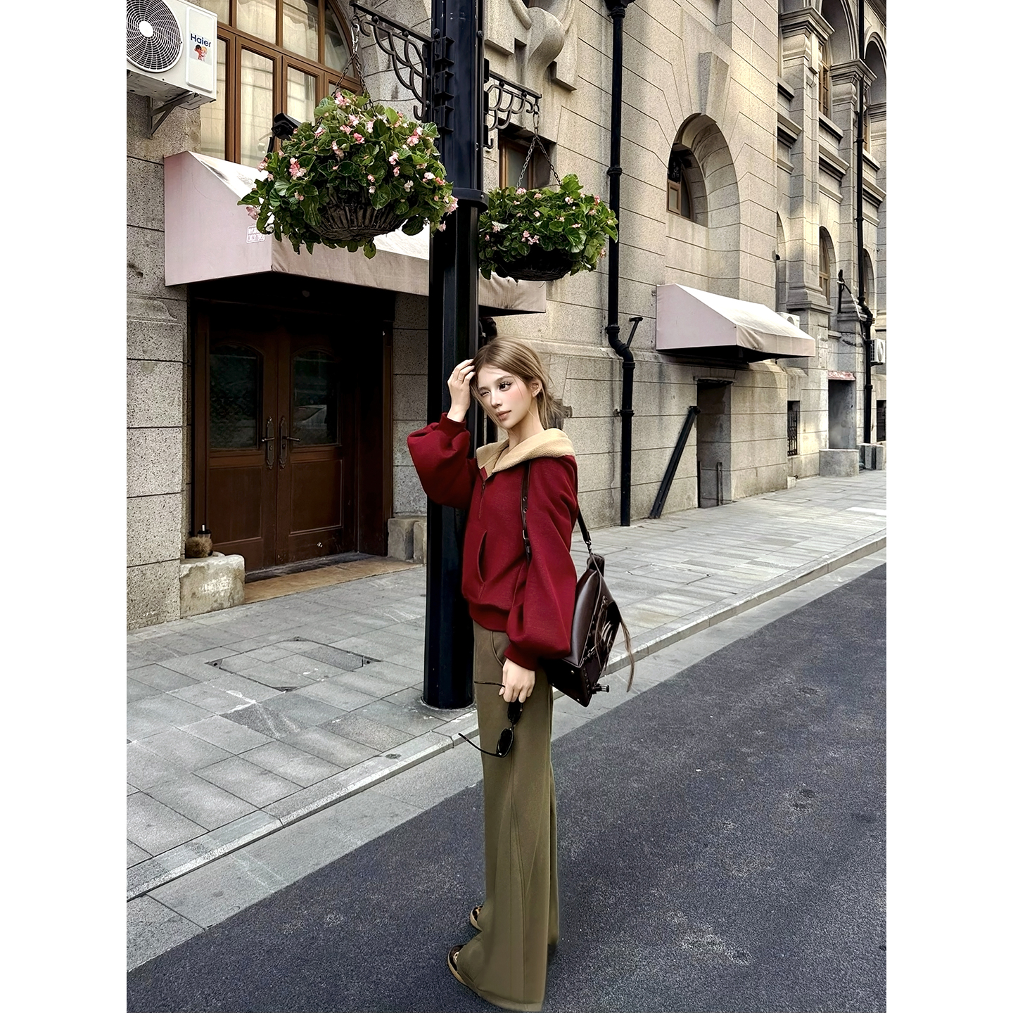 CAFE ROSE 长袖加厚连帽卫衣女冬装新款宽松显瘦套头百搭拉链帽衫