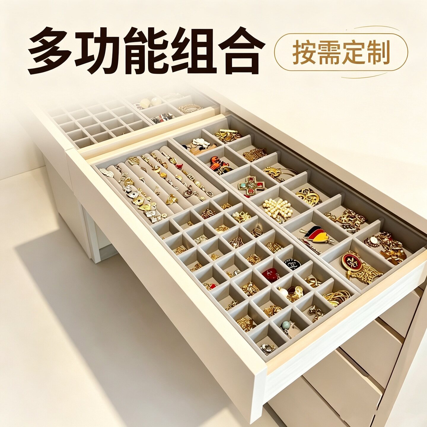 多功能首饰收纳盒定制绒布抽屉梳妆台饰品项链戒指收纳盒托盘