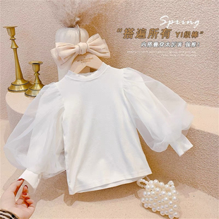 中大童打底衫2026春秋季新款女童韩范洋气网纱公主泡泡袖长袖上衣