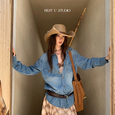 BestU复古纯色休闲牛仔衬衫