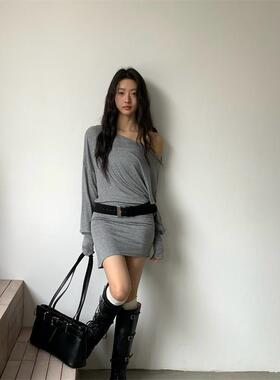 TCCW气质纯色圆领长袖T恤女春季新款BestU中长款显瘦百搭打底上衣