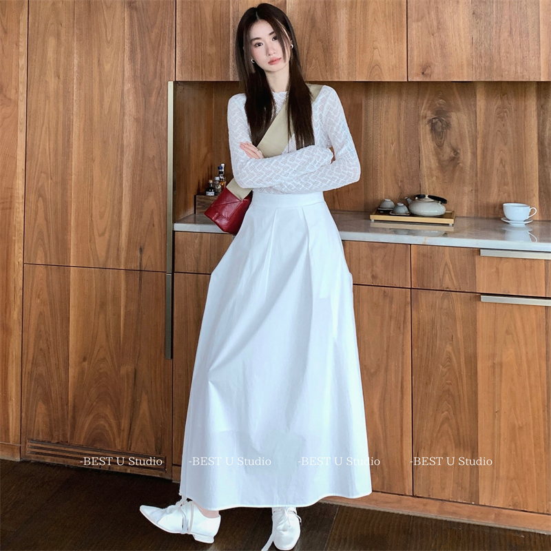 BestU简约高腰压褶纯色半身裙