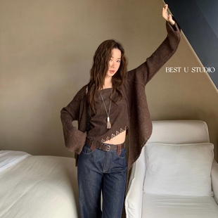 TCCW复古纯色休闲针织开衫女秋季新款Best U宽松百搭长袖毛衣外套