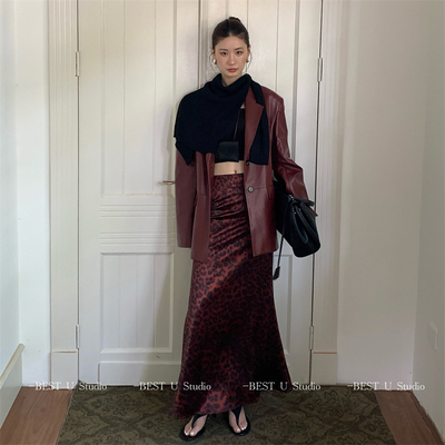 BestU野性豹纹新款高腰长裙