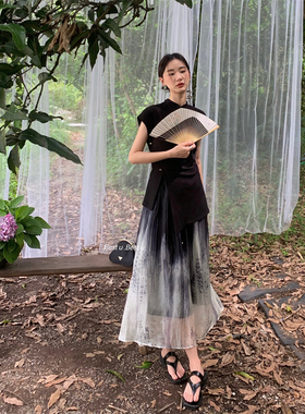 BestU新中式晕染工艺雪纺半身裙女2022年夏季新款高腰绑带a字伞裙