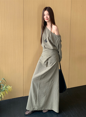 Best U清冷感复古绑带纯色半身裙女秋季新款设计感小众做旧长裙