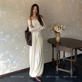 Best 气质显瘦高腰长裙 法式 U设计感弧形皱褶纯色半身裙女秋季 新款