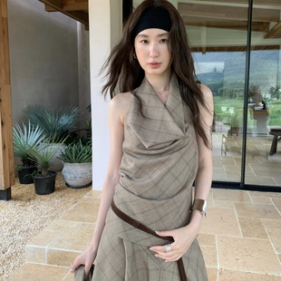 U百搭显瘦无袖 Best 上衣 新款 TCCW复古格纹拼接荡领挂脖背心女秋季