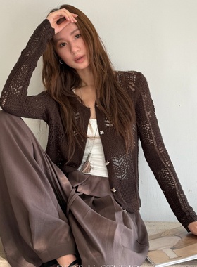 TCCW设计感纯色钩花针织开衫女秋季新款Best U长袖毛衣外套上衣