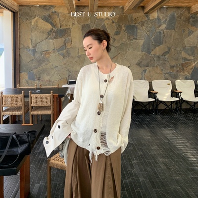 BestU个性纯色针织开衫女秋季