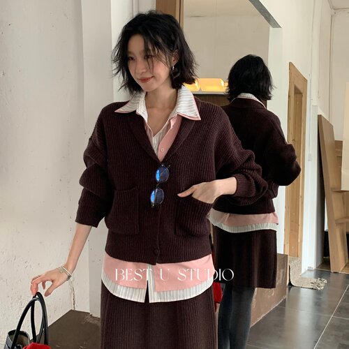 TCCW简约V领针织开衫毛衣外套