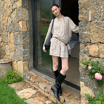 BestU复古条纹松紧腰裤子