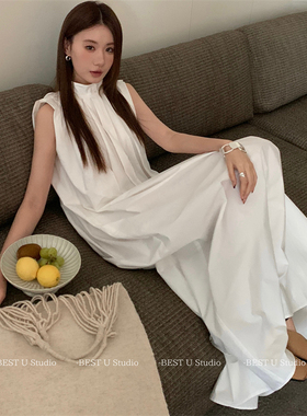 Best U白色无袖连衣裙女春夏新款宽松背心裙纯色百搭长裙简约裙子