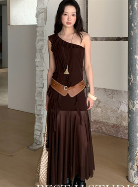 TCCW纯色高腰垂感微透网纱半身裙女夏季新款BestU法式A字长裙裙子